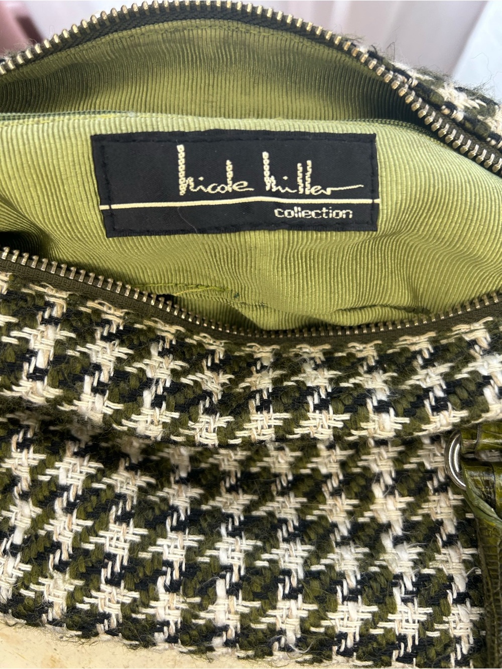 Nicole Miller Olive Green, Cream and Black Houndstooth Shoulder Bag